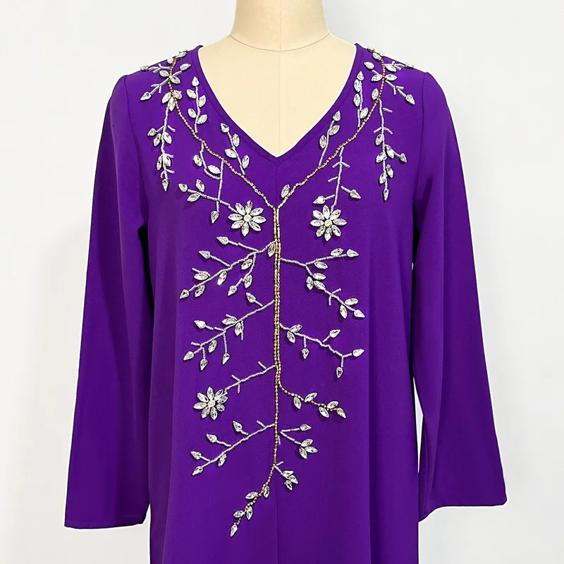 Moroccan Jalabiya Hand Sew Rhinestones Beaded V Neck Full Sleeve Long Dresses for Women Chic and Elegant Gulf Abayas