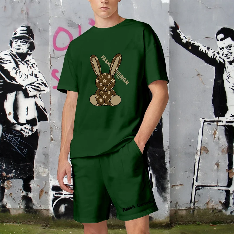 New Luxury Brand Summer Rabbit Pattern Print T-Shirts Set Cotton Quality White Shorts Tracksuit 2 Piece Outfits Streetwear 2023