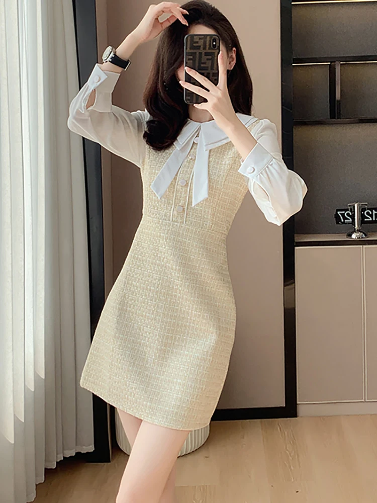 2024 клетчатое лоскутное платье-поло с воротником-поло осенне-зимнее Элегантное