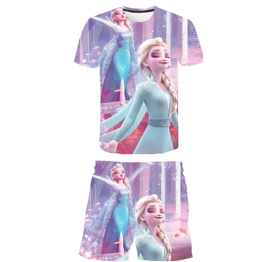 

Summer Frozen 2 Girls Cartoon T Shirts + Shorts Set Clothes Kids Cute Elsa Princess 2pcs Children Cartoon Casual Costume Outfits
