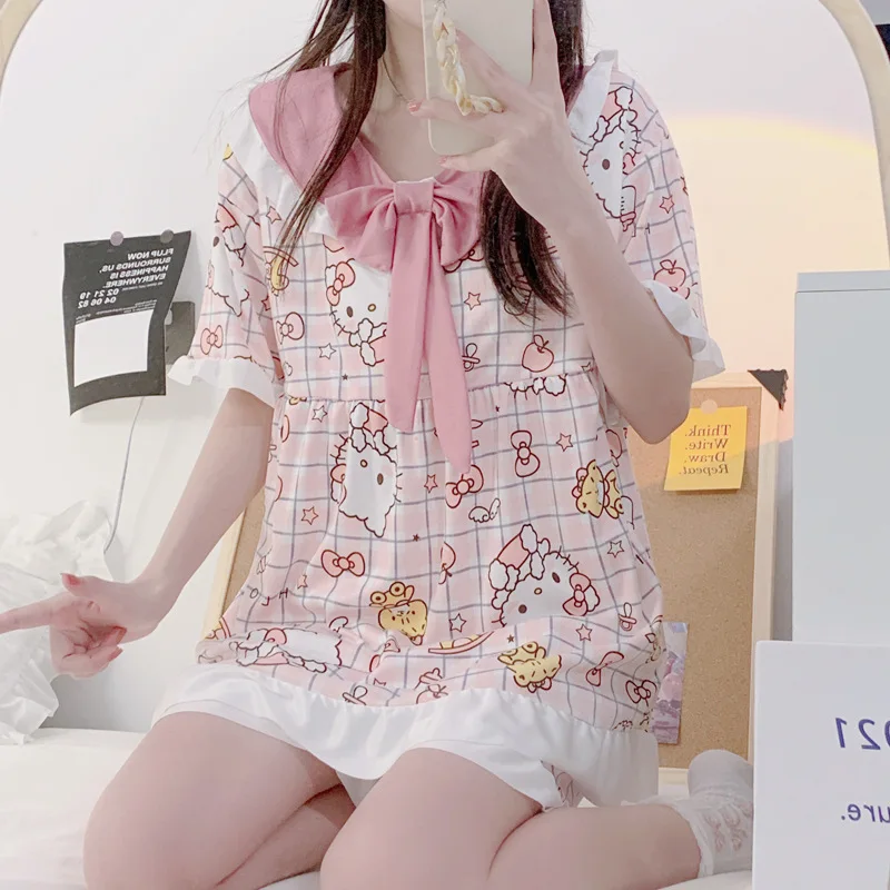 

Kawaii Sanrios аниме Hello Kitty мультфильм пижамы женские летние новые кукольный воротник Короткие рукава шорты женский подарок на день рождения