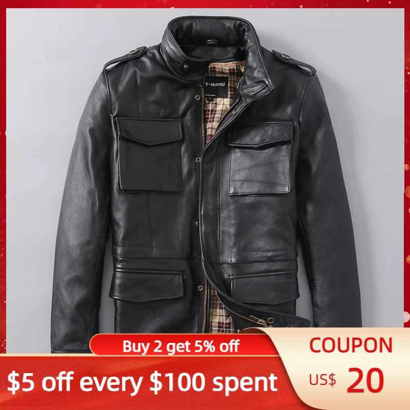 

Мужская кожаная куртка в стиле милитари, черная длинная куртка из натуральной воловьей кожи размером 5XL в стиле милитари, русское зимнее пал...