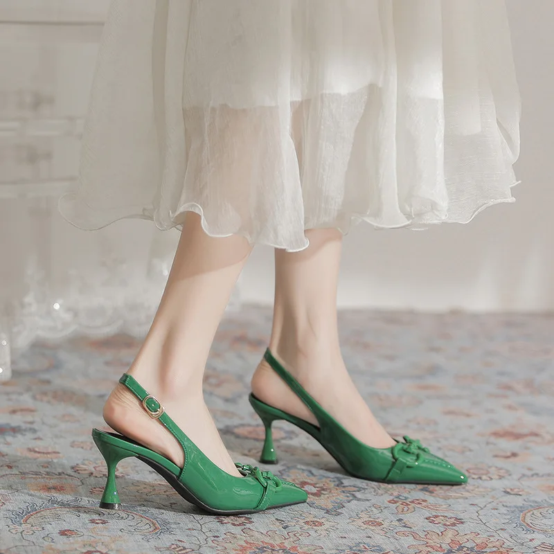

7cm New Fashion Sandals High Heels Female Ankle Wrap Pointed Toe with Rhinestone Women Green Shoes 39 40