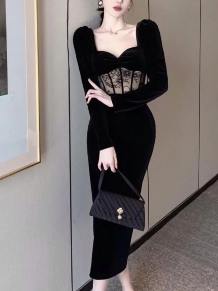 Сексуальное облегающее кружевное вечернее платье с длинными рукавами женское