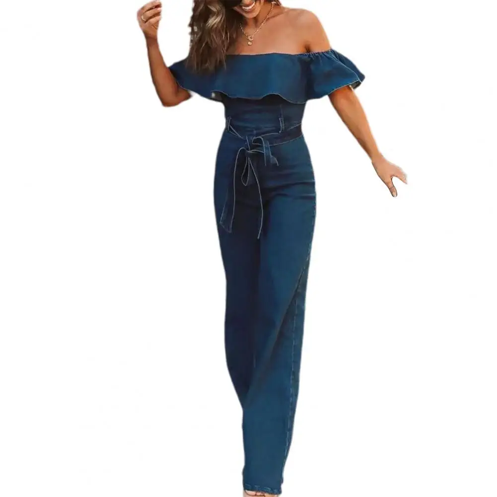 Elegant Women Denim Jumpsuit Lace-up Ruffles Faux Denim Slim-fitting High Waist Jumpsuit Office Overall