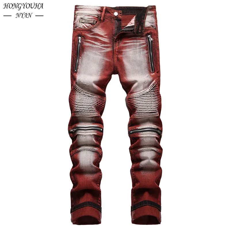 European American Style Men Jeans Motorcycle Cowboy Pants Elastic Zipper Fashion Decorative Dyeing personalized Y2k Streetwear