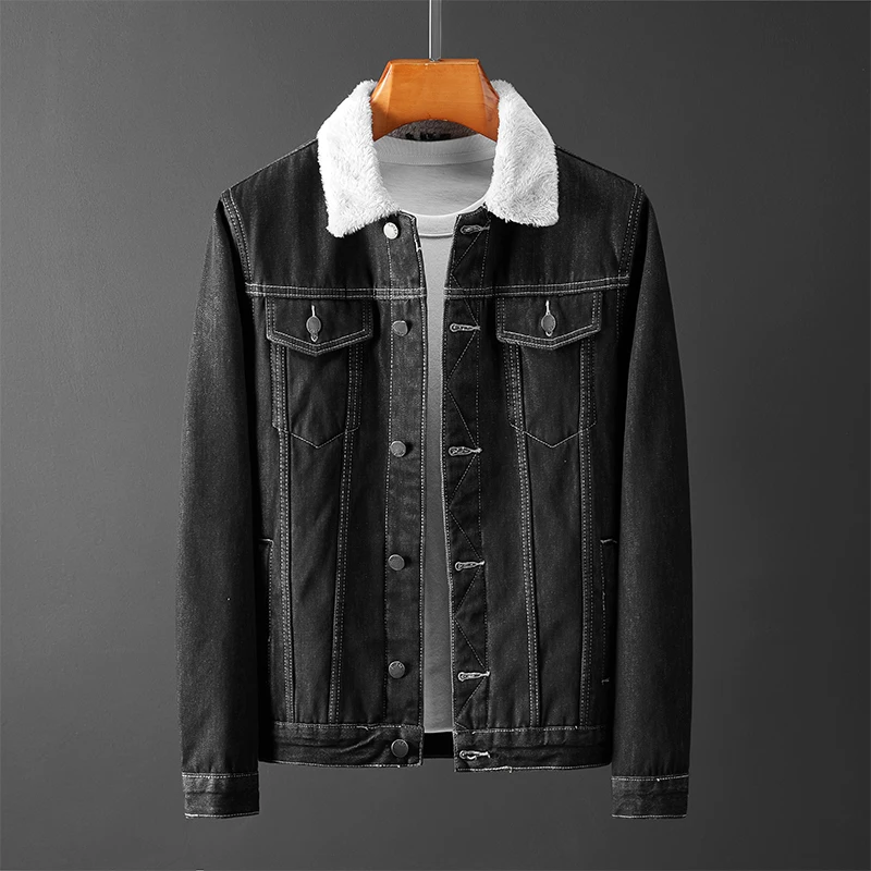 

Winter Jean Jackets Men Warm Denim Coats Fashion Cowboy Outerwear Men Liner Thicker Fleece Denim Jacket Black Plus Size 8XL