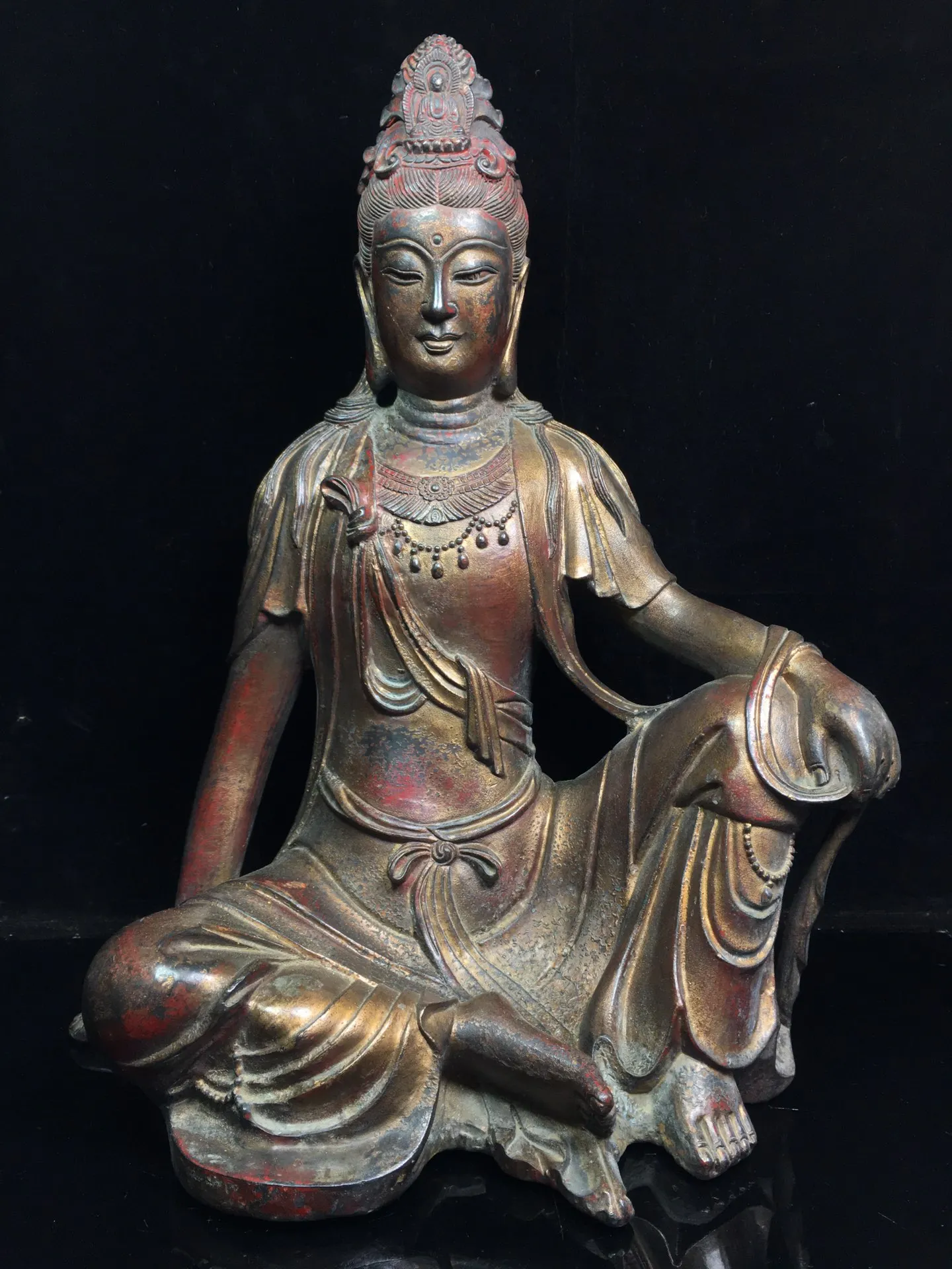 

17" Tibetan Temple Collection Old Bronze Cinnabar mud gold Avalokitesvara Bodhisattva worship buddha Town house Exorcism