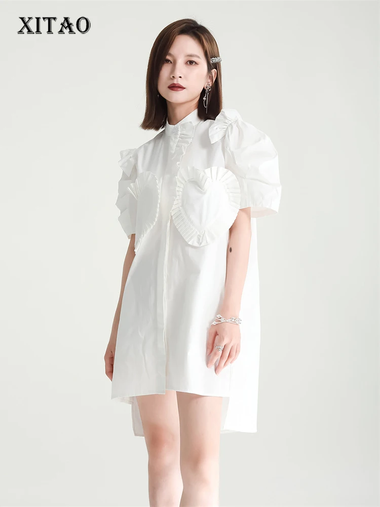 

XITAO Fashion Loose Shirt Dress Solid Color Puff Sleeve Folds Heart Shaped Patchwork Casual Simplicity Temperament Women ZY6866