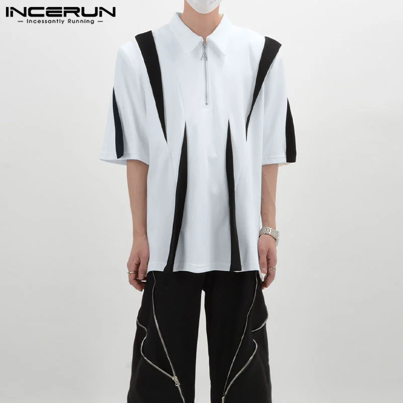 

Men Shirt Lapel Short Sleeve Zipper Patchwork Loose Korean Style Men Clothing 2023 Summer Fashion Casual Shirts S-5XL INCERUN