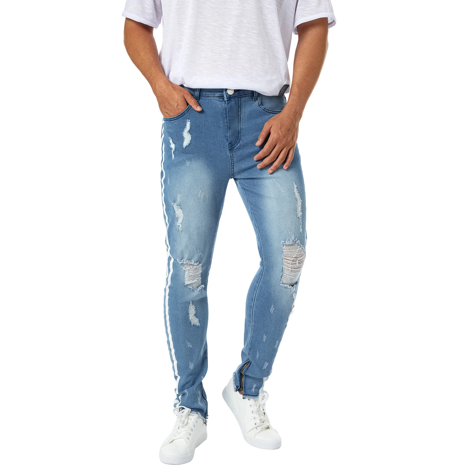 

Men Slim Jeans Ragged Design Side Stripe Print Mid Waist Zip Button Straight Casual Pencil Trousers
