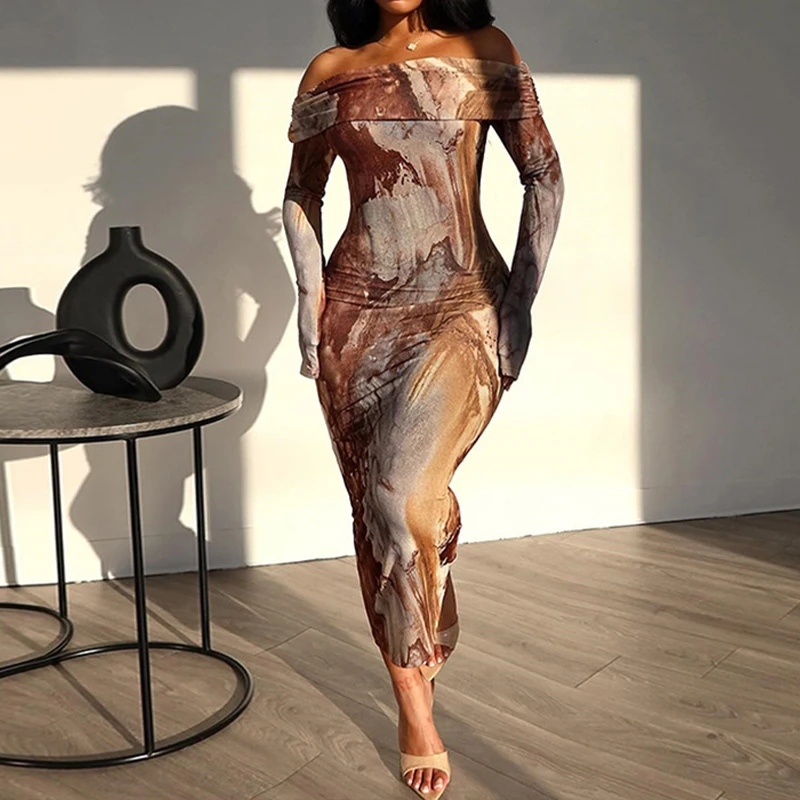 Женское облегающее длинное платье с принтом элегантное вечернее открытыми