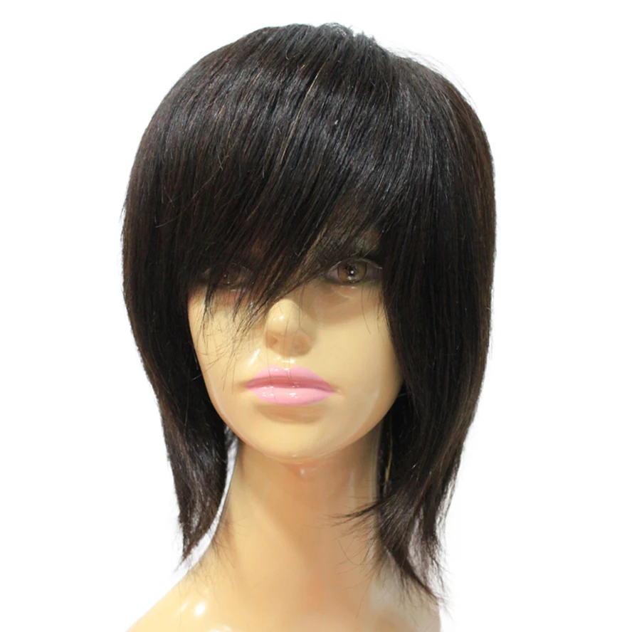 Human Hair Wig Short Natural Layered Straight Natural Black Pixie Cut Wig With Bangs