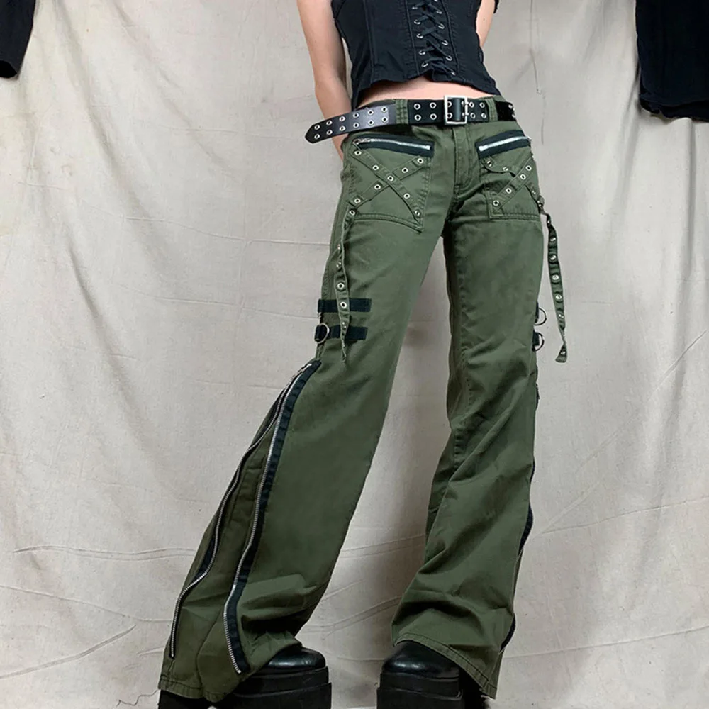Y2k Grunge Emo Alt Cargo Pants Cyber Army Green Techwear Camo Jogger Bottoms Women Punk Vintage Low Rise Trousers Sweatpants 90s