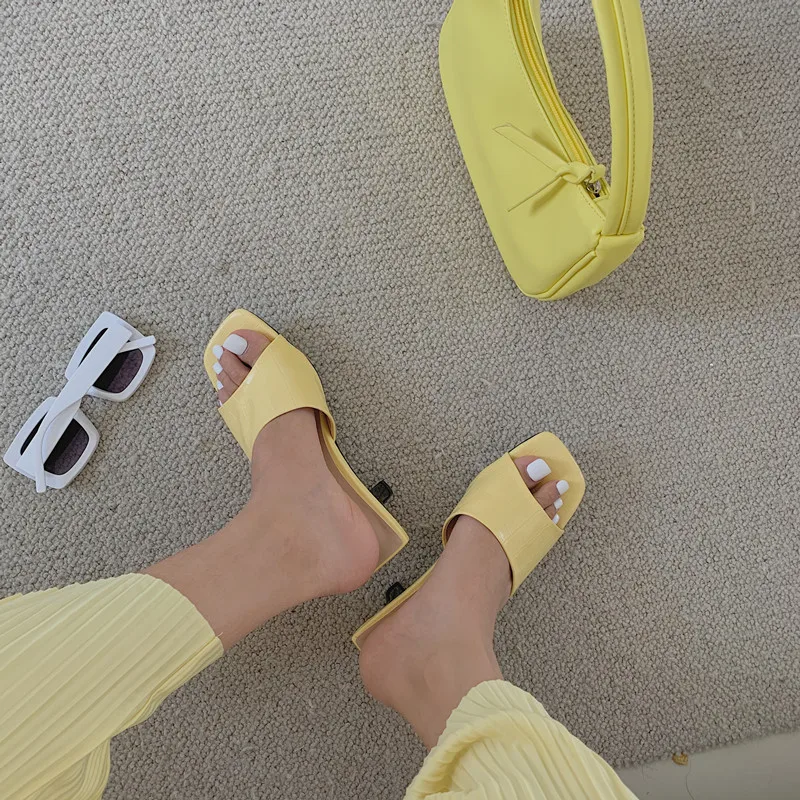 Summer New Square Toe High Heels Sexy Layered Stiletto Sandals Luxury Brand Yellow Women's Shoes 2022  Sandels for Women