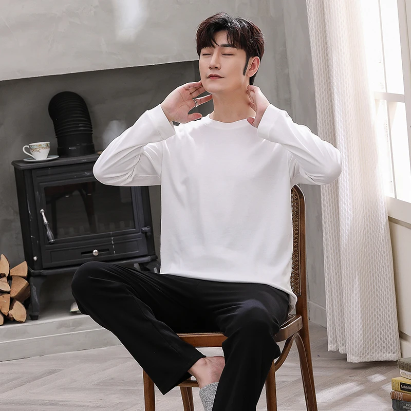 QUHENG Autumn New Men's Pajama Sets Solid Color Simple Sleepwear long Sleeve Cotton Pajamas For Men Top Pant Leisure Suit