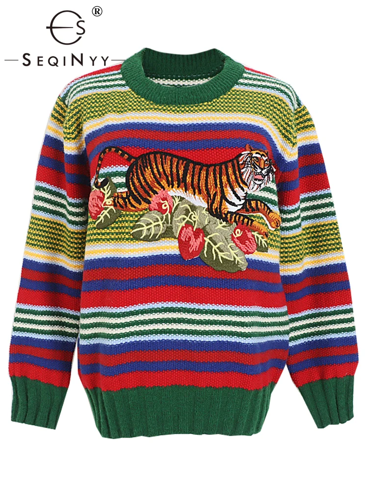 

SEQINYY Vintage Sweater Autumn Winter New Fashion Design Women Runway High Street Animals Flowers Embroidery Stripes Casual