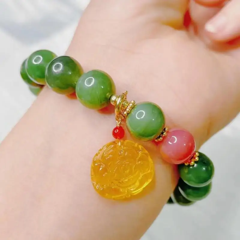 

Women Natural Green Jade Bracelet With Golden Amber Flower Charm Genuine Hetian Jade Nephrite Diy Bracelets Jasper Bangles