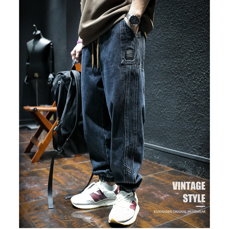 Men Clothing Autumn and Winter Loose Splicing Straight Cylinder Jeans Vintage Comfortable Navy Blue Plush Harun Trousers Female