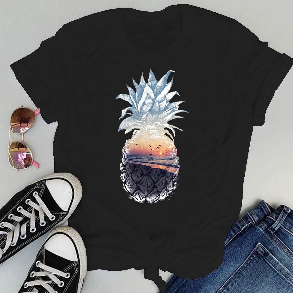 

Футболка женская с графическим рисунком ананаса, милая забавная тенниска с круглым вырезом, повседневная майка, черный цвет, 2022