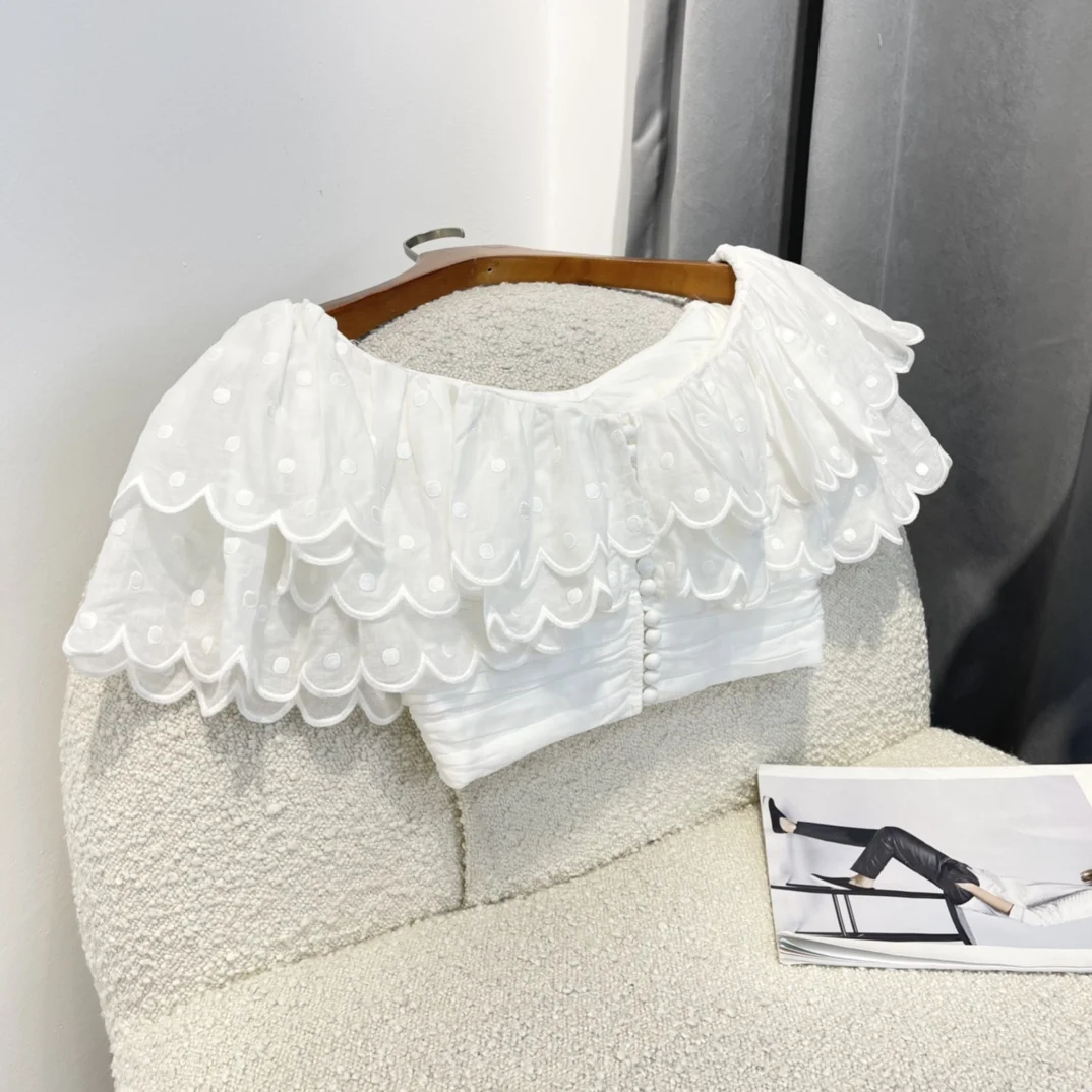

2022 Summer Lady Layers Ruffles Hollow Out Off The Shoulder Slim White Black Pink Short Crop Top