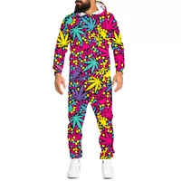 ogkb 3d colorful leaves printed loungewear pajamas unisex loose hooded zip open sleepwear onesies for adult jumpsuits wholesale
