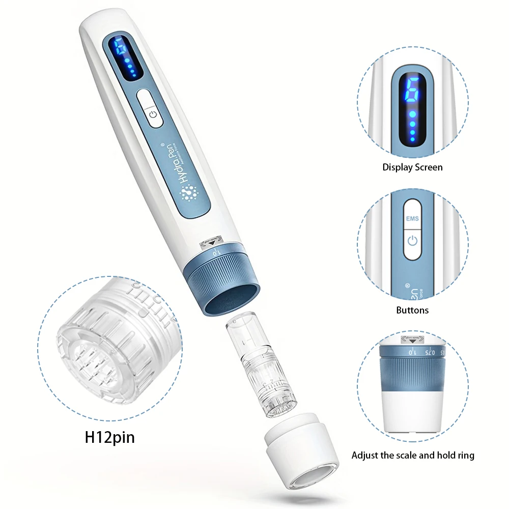 Фото Hydra Pen H5 — это устройство для микронидлинга сине-белой серии, лучший подарок для ухода за кожей, модель H5 с H12 PIN, 12 насадок, длина 0,25 мм. №3