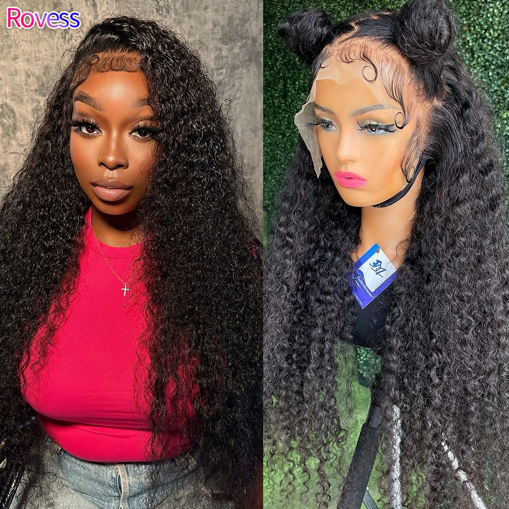 

Rovess 13x4 Kinky Curly Lace Frontal Wigs For Women Black Colored Lace Frontal Wig Water Wave Remy HD Lace Closure Wig for Women