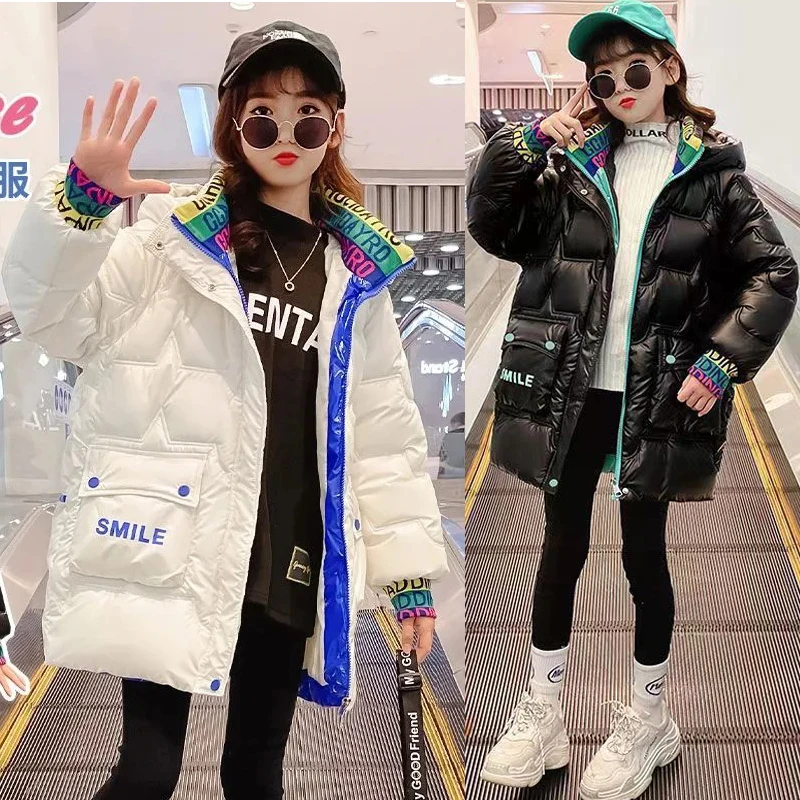 

2022 New Winter Keep Warm Girls Jacket 4-12 Years Old Fashion Letter Glossy Anti-Stain Hooded Thick Coat For Kids