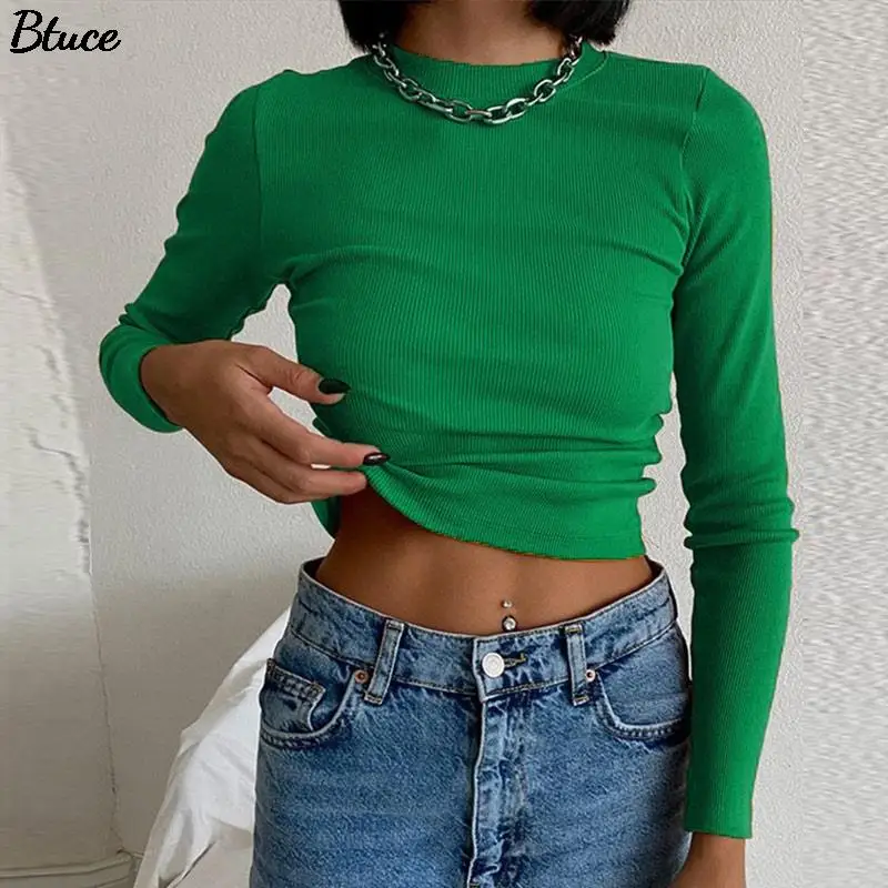 Women Retro Green Orange O Neck Thread Splicing Long Sleeve T-Shirts Female Spring Summer Simple Basic Solid Skinny Cropped Tops