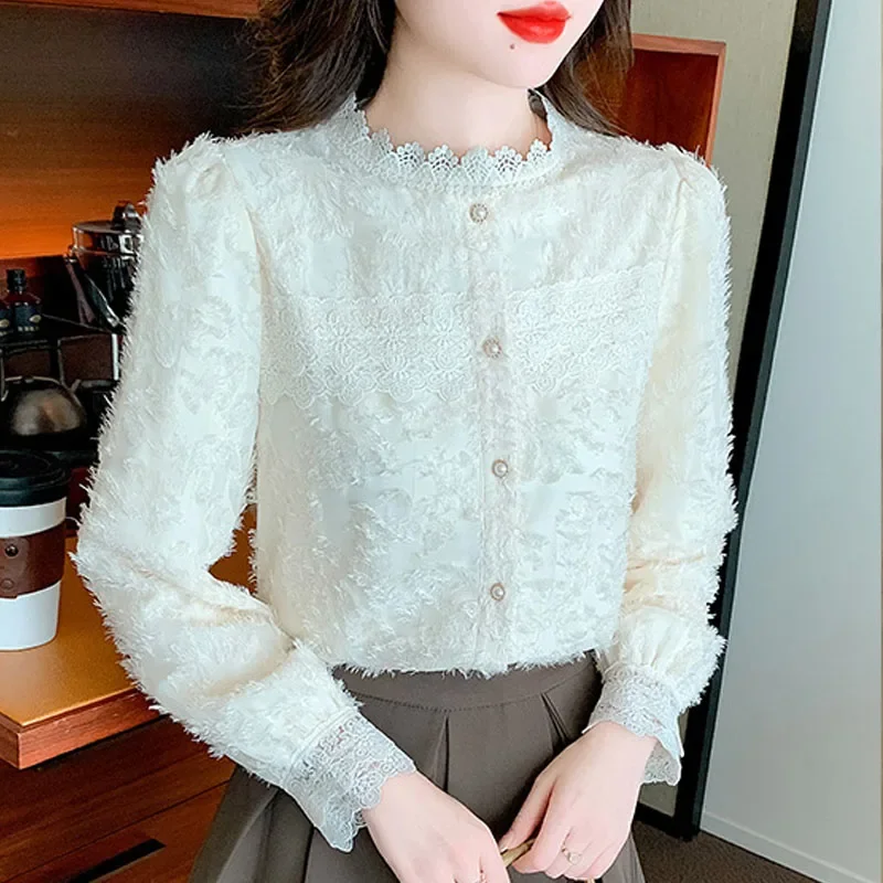 Модная женская рубашка с длинным рукавом бархатная утепленная кружевная