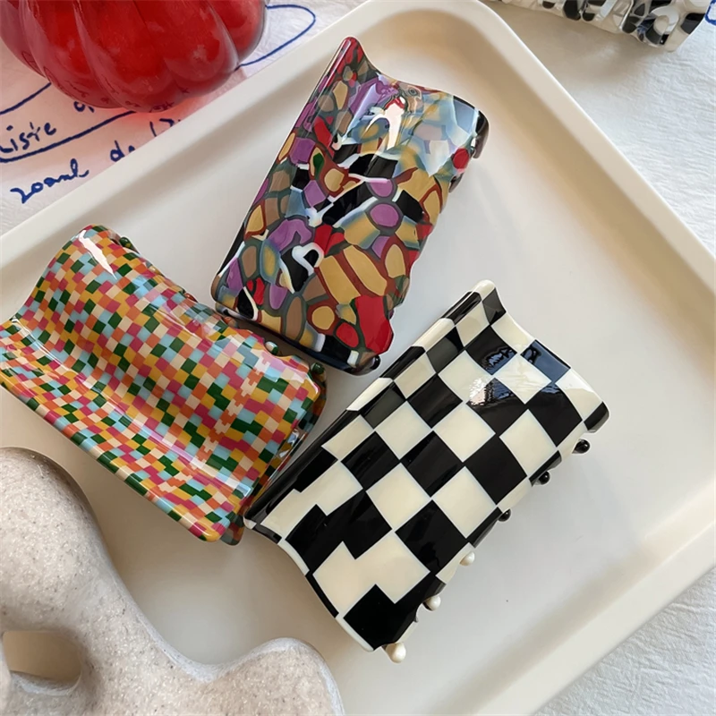 

2022 Vintage Large Multicolor Acetate Rectangular Plaid Hairpin Claw Girl Hair Jewelry