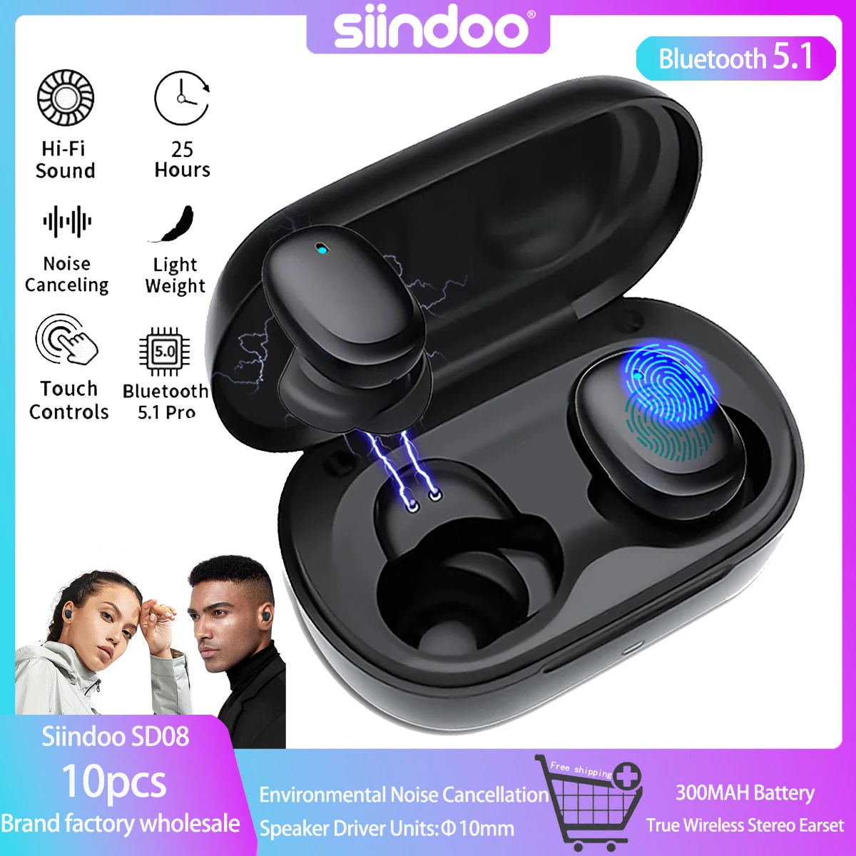 

Siindoo 10PCS True Wireless Stereo Bluetooth Headset TWS ENC Touch Control Earbuds With Dual Mic Earphones Noise Cancellation