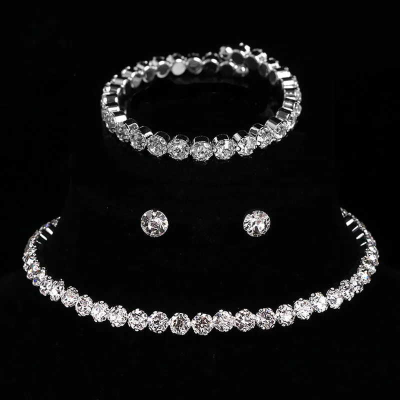 

Luxury Fashion Round Crystal Jewelry Set for Women Charm Silver Color Bracelet Stud Earring Trendy White Zircon Chain Necklace