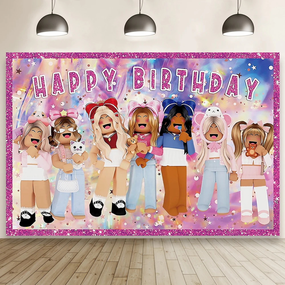

Roblox Kid Birthday Backdrop Cartoon Pink Bow Girls Newborn Party Cake Decor Banner Photography Studio Photo Background Poster