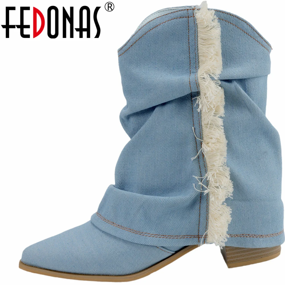 

FEDONAS Women Denim Ankle Boots Thick Heels Pointed Toe Autumn Winter Knee High Boots Office Lady Fashion Pleated Shoes Woman