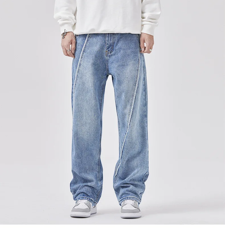 New Irregular Striped Washed Retro Wide Leg Jeans Pants Men and Women Vibe Style Straight Hip Hop Loose Denim Trouser Light Blue