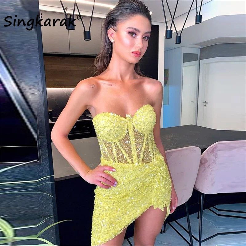 

Sexy Yellow Short Prom Dresses 2022 Beading Illusion Lace Mini Cocktail Party Gowns Birthday Homecoming Dress Vestidos De Fiesta