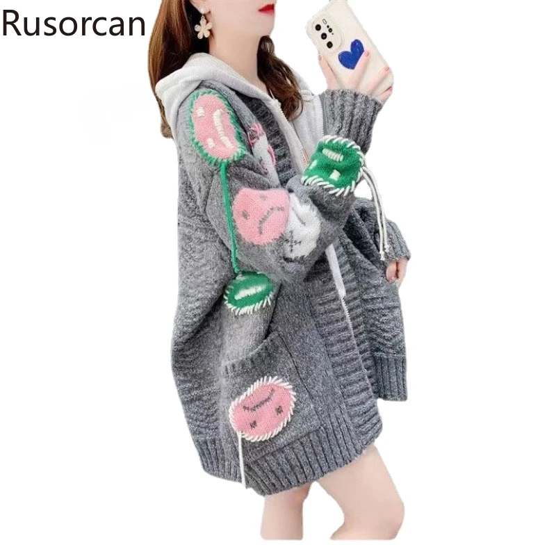 

Smiling Face Collage Hooded Fake Two Piece Sweater Cardigan Women's Autumn and Winter 2023 New Thickened Coat Trendy Fashion Top