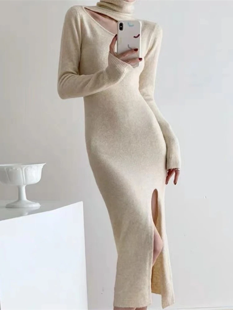 

Women's Sweater Dress Autumn Winter 2023 Commuter Casual Half High Neck Sexy Hollow Fit Knitted Sweater Dress Women's Clothing