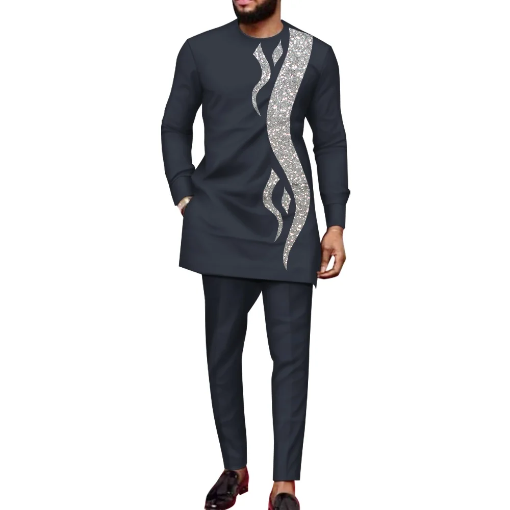 Bazin Riche African Men Boubou Dashiki Men Suits 2 Pieces Set Long Sleeve Shirt and Troursers Fashion Patchwork Sequins Wyn1588