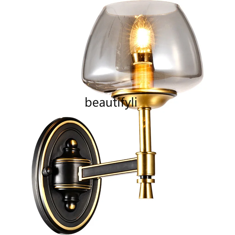 

yj Smoky Gray American-Style Copper Background Wall Lamp Post-Modern Bedroom Light Luxury Lamps