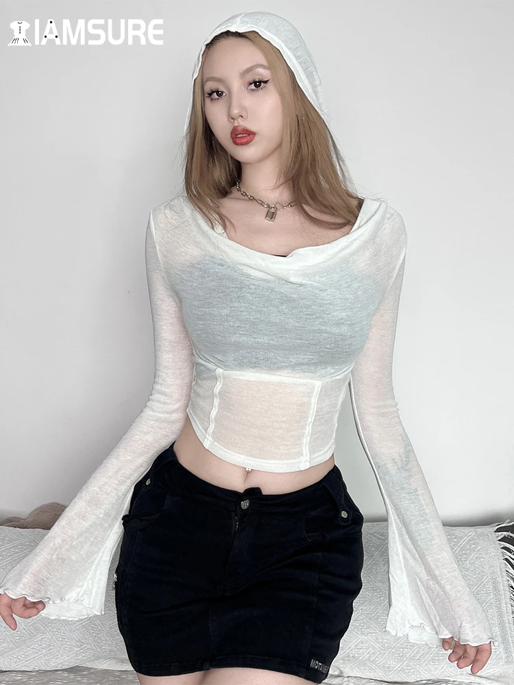 

IAMSURE Waste Soil Style See Through Solid Hooded Cropped T Shirt Sexy Slim Basic Flare Sleeve Tees Women 2023 Autumn Streetwear