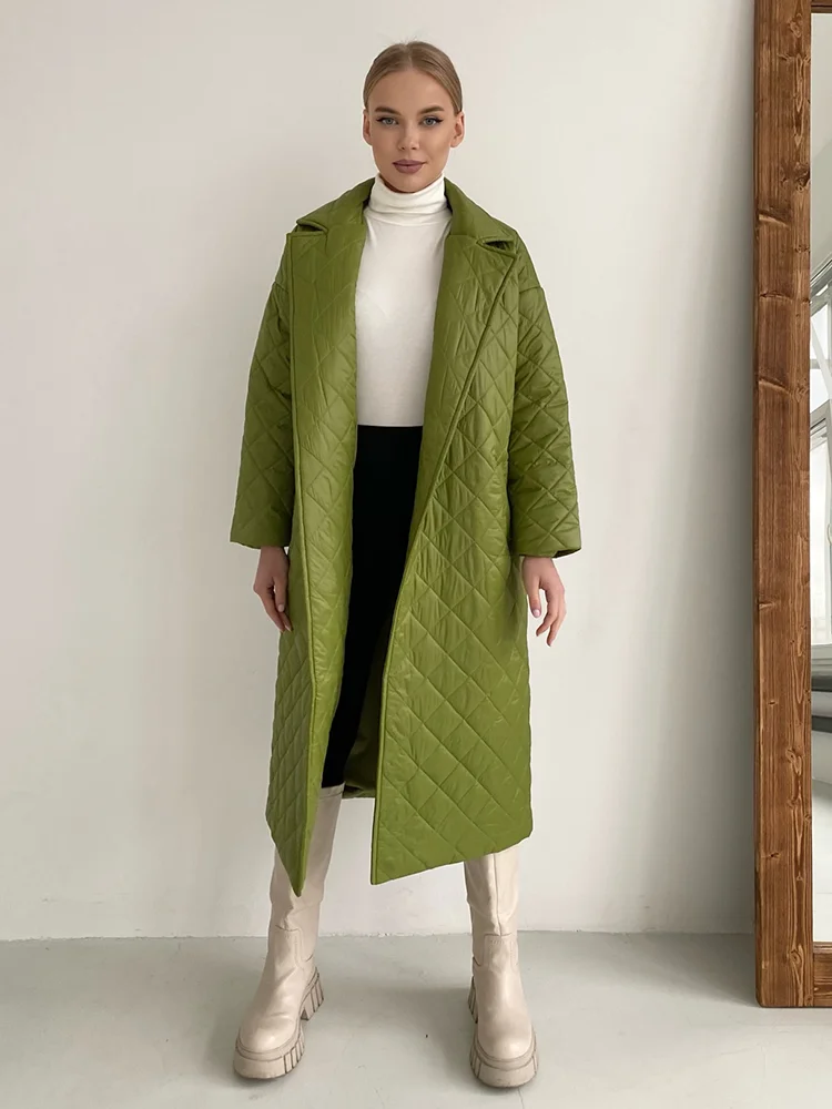 Winter Woman Coat 2022 Long Straight Rhombus Pattern Parkas Green Casual Sashes Windproof Warm Thick Coat Elegant Female Outwear