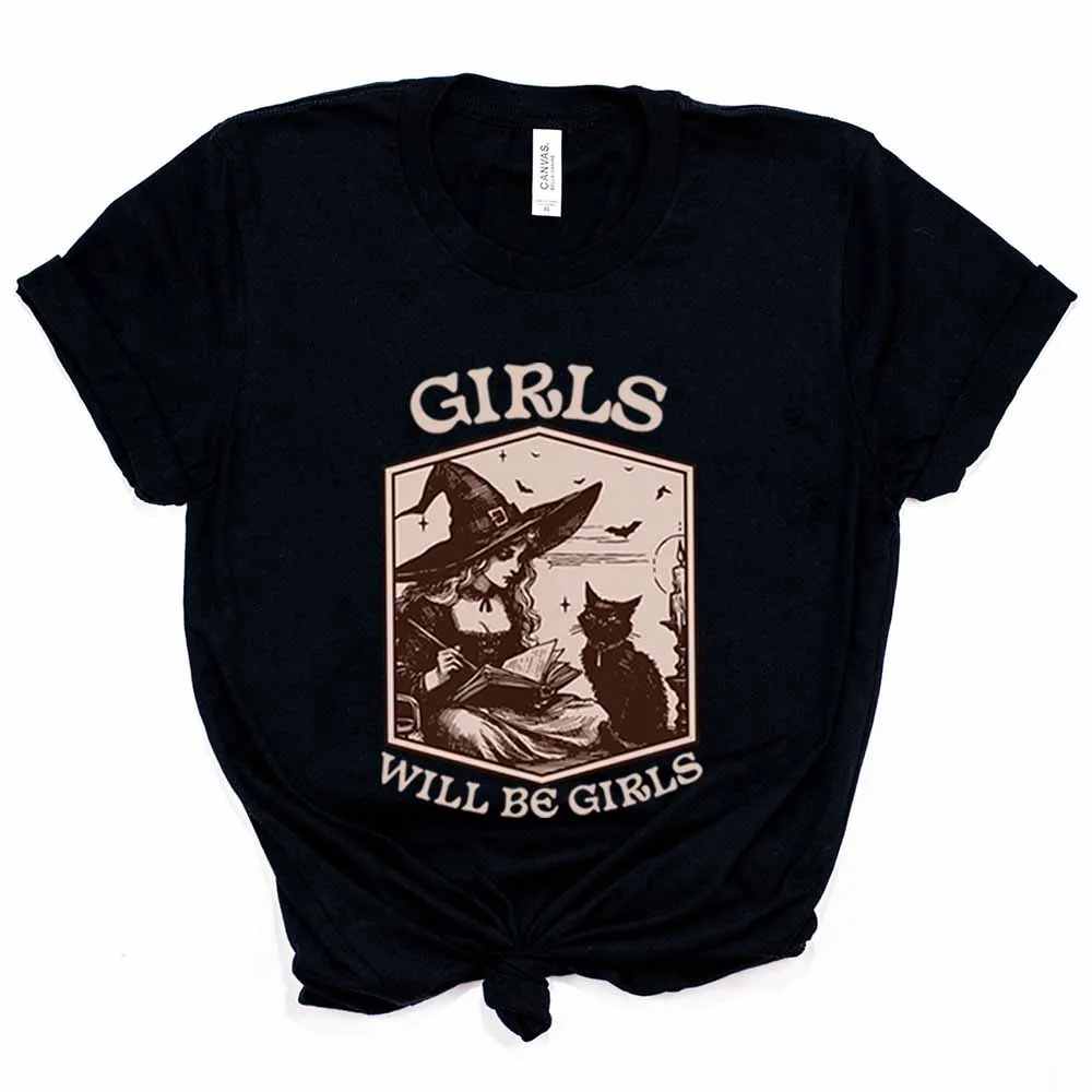 Фото Рубашка ведьмы для девочек Will Be Girls Винтажная рубашка ведьмы Хэллоуин Черный кот Готическая футболка Эстетическая футболка Y2k Женские жуткие топы ведьмы №4