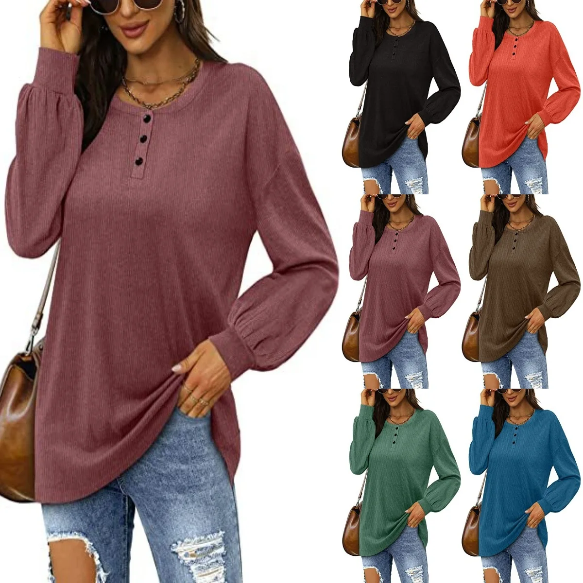 

2022 Autumn New Women's Solid Long Sleeve Casual Round Neck Women's Top