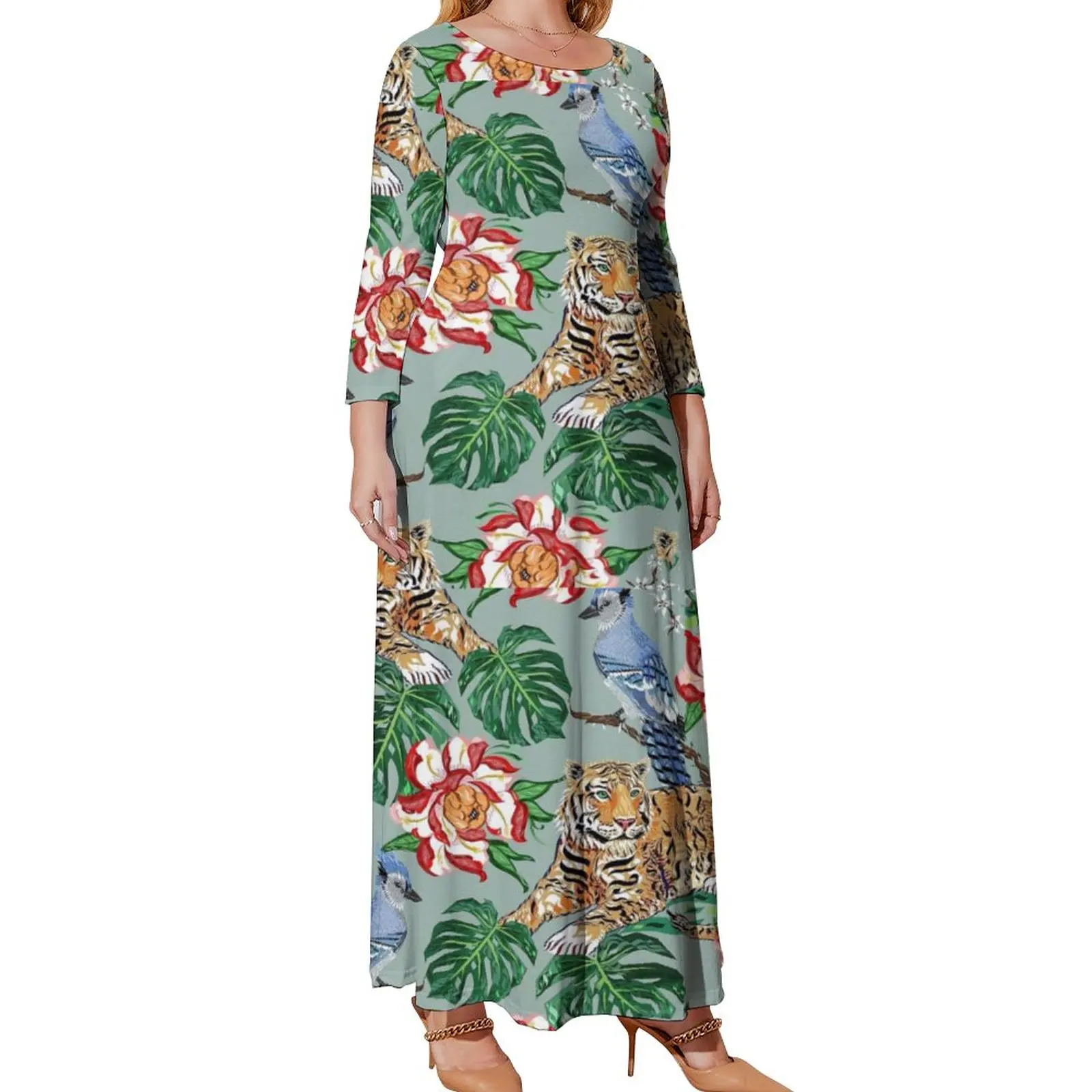 

Wild Tiger Dress Bird Floral Palm Leaf Print Street Style Boho Beach Dresses Lady Long Sleeve Cute Maxi Dress Plus Size Clothing