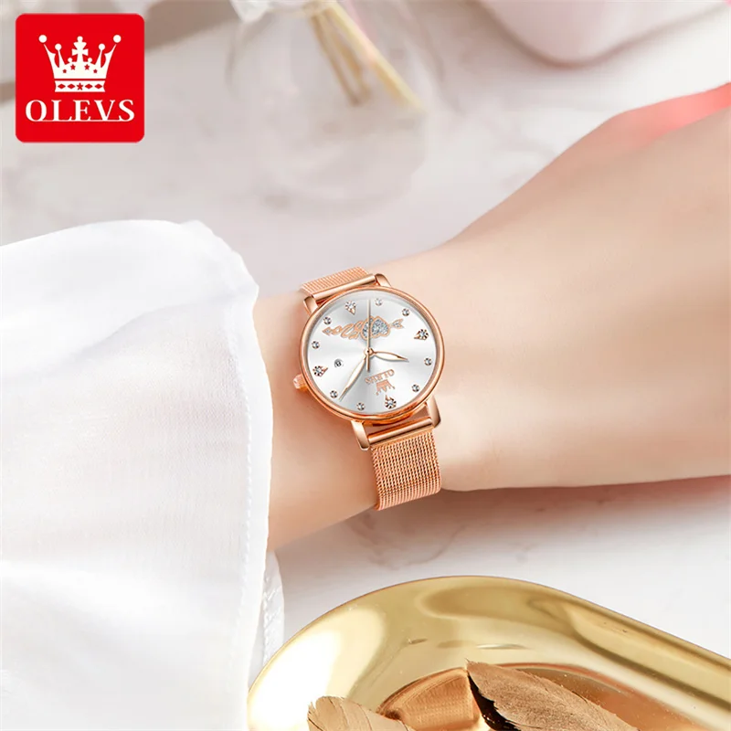 OLEVS 2023 Fashion Simple Women Quartz Watches Luxury Diamond Waterproof Rose Gold Mesh Strap Calendar Display Watch For Women