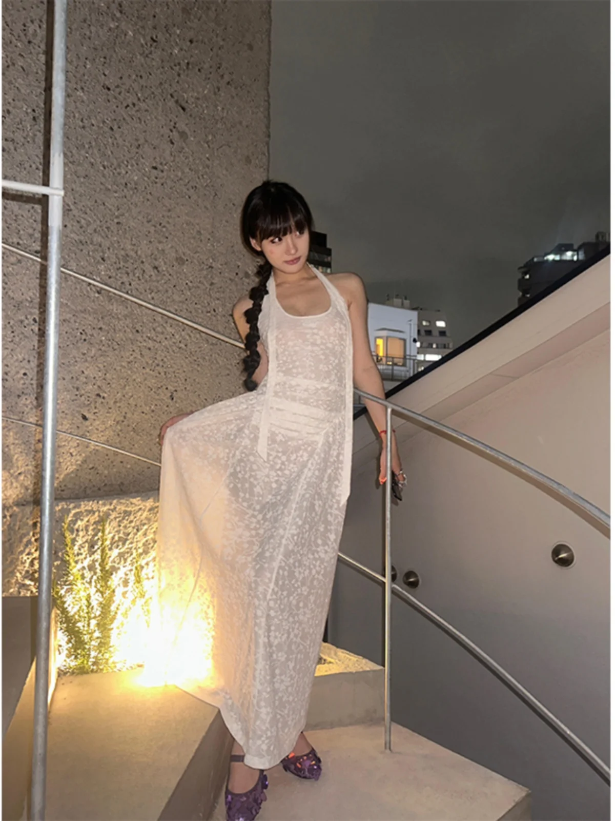 Женское летнее жаккардовое платье легкое Прозрачное с отложным воротником без