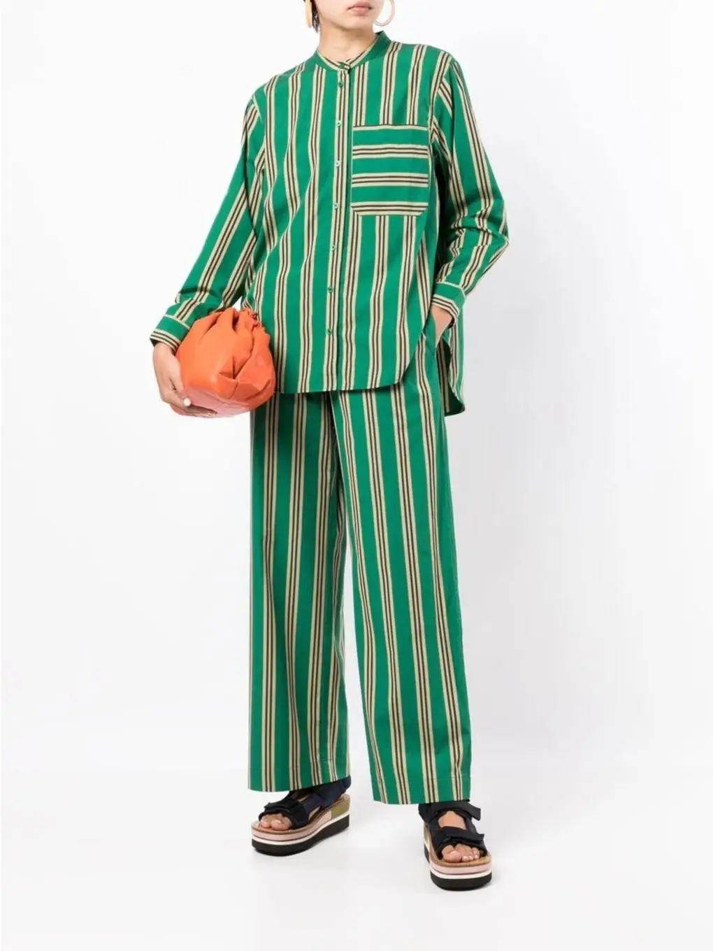 

Lady Lazy Pajamas Style Suits Women Green Striped Set Loose Single-Breasted Long Sleeve Blouse Elastic Waist Trousers 2022 New